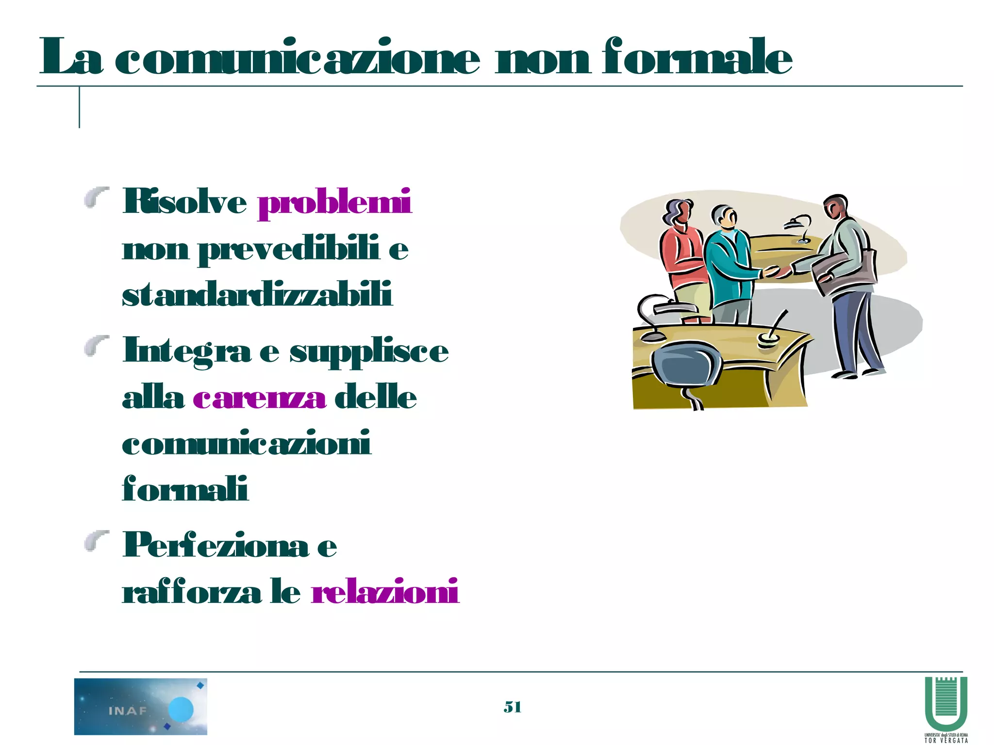 51
La comunicazione non formale
Risolve problemi
non prevedibili e
standardizzabili
Integra e supplisce
alla carenza delle
comunicazioni
formali
Perfeziona e
rafforza le relazioni
 