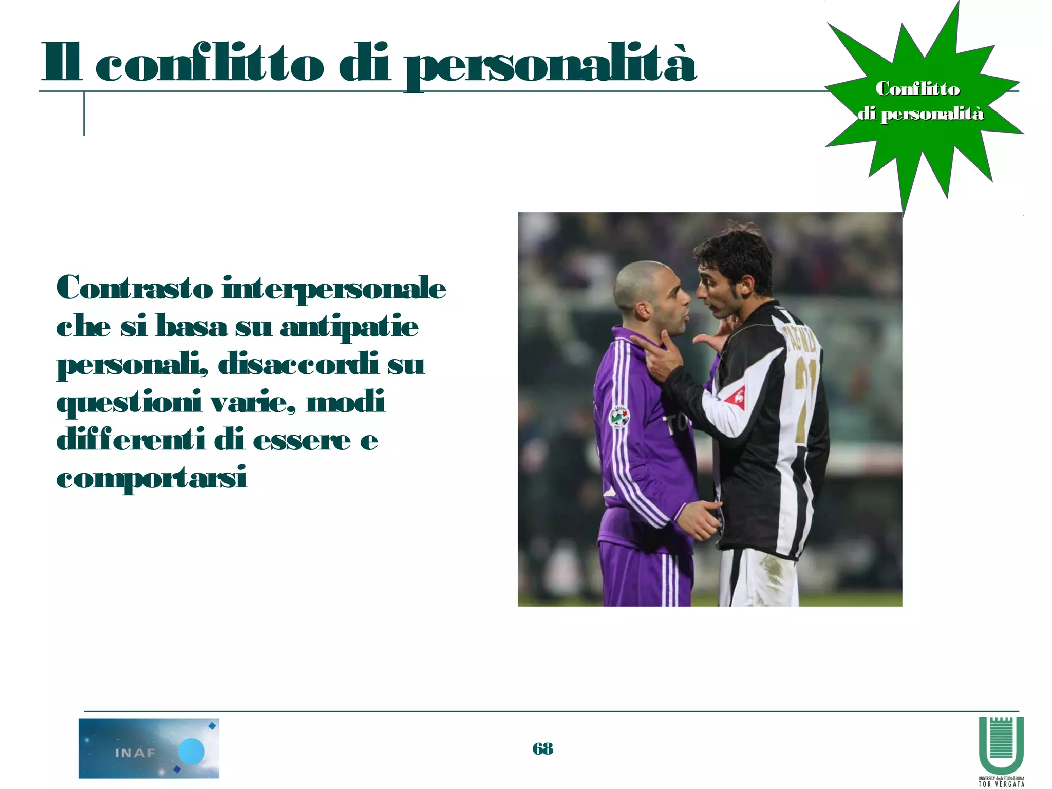 68
Contrasto interpersonale
che si basa su antipatie
personali, disaccordi su
questioni varie, modi
differenti di essere e
comportarsi
Il conflitto di personalità ConflittoConflitto
di personalitàdi personalità
 