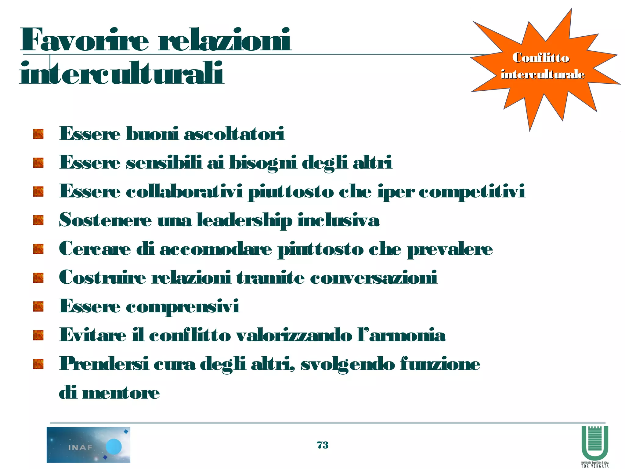 73
Essere buoni ascoltatori
Essere sensibili ai bisogni degli altri
Essere collaborativi piuttosto che ipercompetitivi
Sostenere una leadership inclusiva
Cercare di accomodare piuttosto che prevalere
Costruire relazioni tramite conversazioni
Essere comprensivi
Evitare il conflitto valorizzando l’armonia
Prendersi cura degli altri, svolgendo funzione
di mentore
Favorire relazioni
interculturali
ConflittoConflitto
interculturaleinterculturale
 