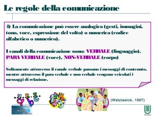 18
4) La comunicazione può essere analogica (gesti, immagini,
tono, voce, espressione del volto) o numerica (codice
alfabetico o numerico).
I canali della comunicazione sono: VERBALE (linguaggio),
PARA VERBALE (voce), NON-VERBALE (corpo)
Solitamente attraverso il canale verbale passano i messaggi di contenuto,
mentre attraverso il para verbale e non verbale vengono veicolati i
messaggi di relazione.
Le regole della comunicazione
(Watzlawick, 1967)
 