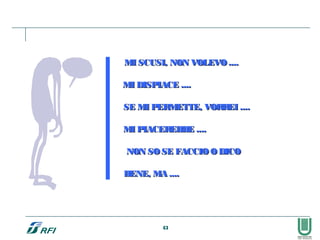 MI SCUSI, NON VOLEVO....MI SCUSI, NON VOLEVO....
MI DISPIACE ....MI DISPIACE ....
SE MI PERMETTE, VORREI ....SE MI PERMETTE, VORREI ....
MI PIACEREBBE ....MI PIACEREBBE ....
NON SO SE FACCIO ODICONON SO SE FACCIO ODICO
BENE, MA ....BENE, MA ....
43
 
