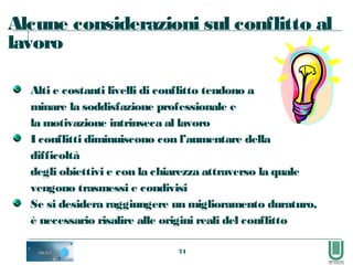 74
Alcune considerazioni sul conflitto al
lavoro
Alti e costanti livelli di conflitto tendono a
minare la soddisfazione professionale e
la motivazione intrinseca al lavoro
I conflitti diminuiscono con l’aumentare della
difficoltà
degli obiettivi e con la chiarezza attraverso la quale
vengono trasmessi e condivisi
Se si desidera raggiungere un miglioramento duraturo,
è necessario risalire alle origini reali del conflitto
 