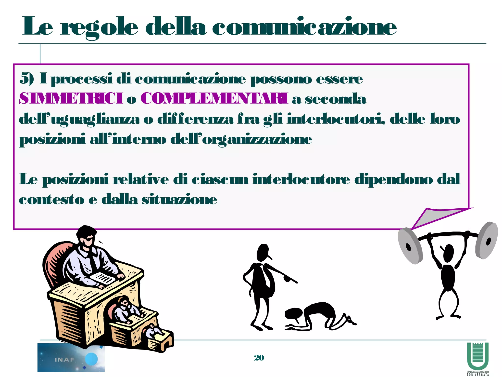 20
5) I processi di comunicazione possono essere
SIMMETRICI o COMPLEMENTARI a seconda
dell’uguaglianza o differenza fra gli interlocutori, delle loro
posizioni all’interno dell’organizzazione
Le posizioni relative di ciascun interlocutore dipendono dal
contesto e dalla situazione
Le regole della comunicazione
 