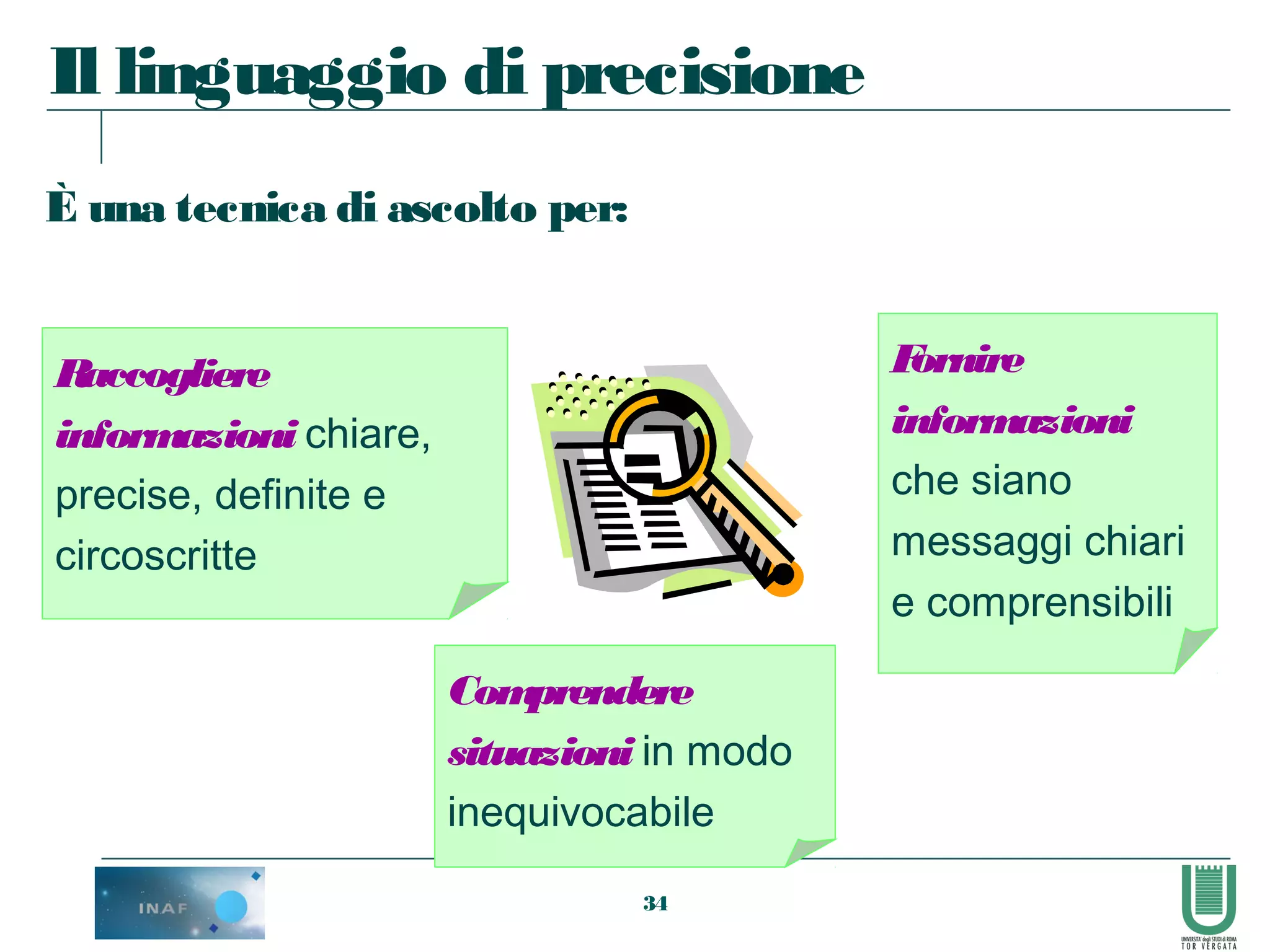 34
Il linguaggio di precisione
È una tecnica di ascolto per:
Fornire
informazioni
che siano
messaggi chiari
e comprensibili
Raccogliere
informazioni chiare,
precise, definite e
circoscritte
Comprendere
situazioni in modo
inequivocabile
 