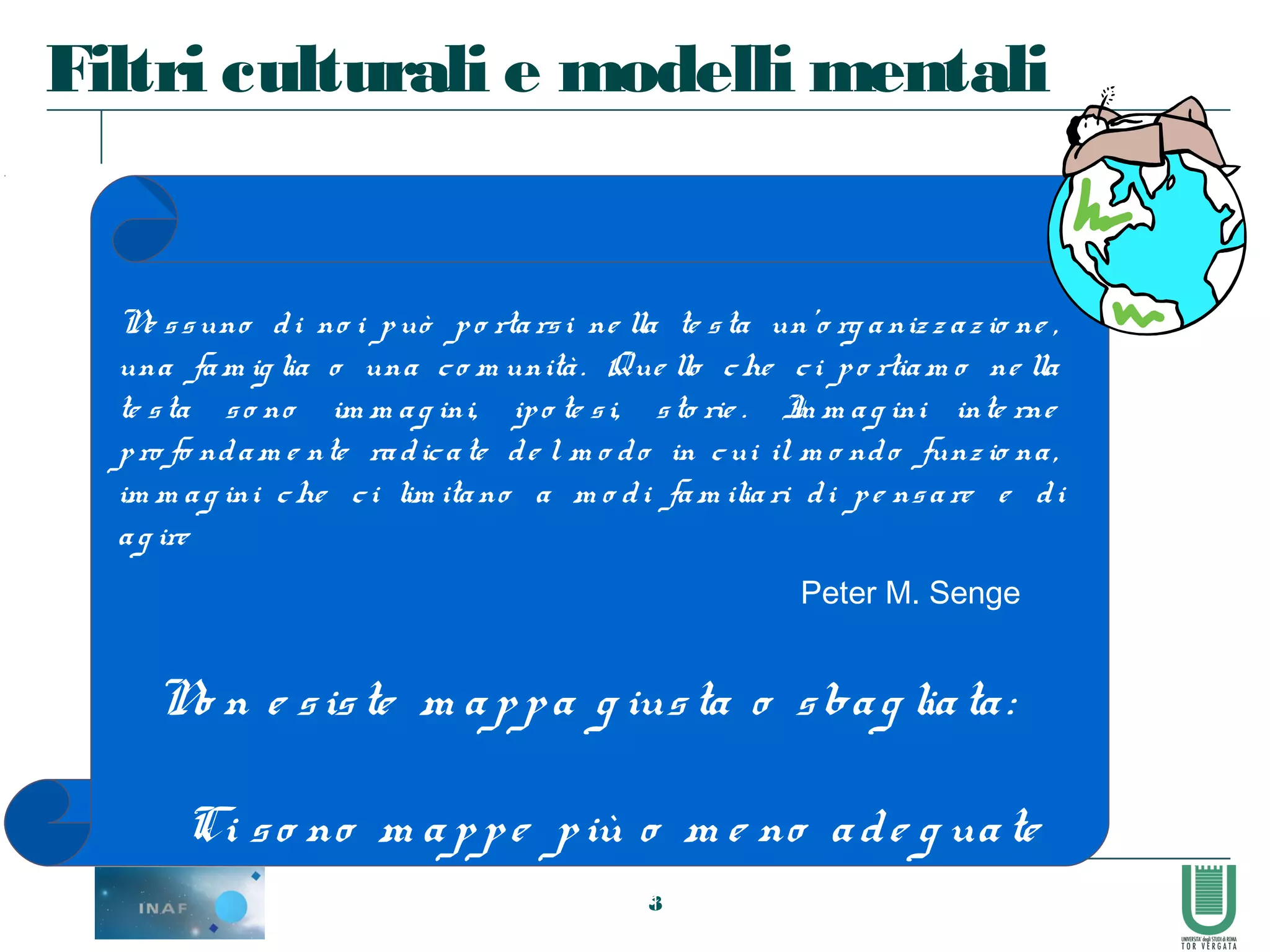 8
Ne ssuno di no i può po rtarsi ne lla te sta un’o rg anizz az io ne ,
una fam ig lia o una co m unità. Que llo che ci po rtiam o ne lla
te sta so no im m ag ini, ipo te si, sto rie . Im m ag ini inte rne
pro fo ndam e nte radicate de l m o do in cui il m o ndo funz io na,
im m ag ini che ci lim itano a m o di fam iliari di pe nsare e di
ag ire
Peter M. Senge
No n e siste m appa g iusta o sbag liata:
Ci so no m appe più o m e no ade g uate
pe r affro ntare la re altà
Filtri culturali e modelli mentali
 