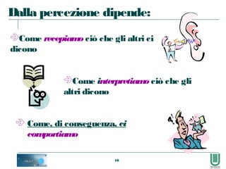 10
 Come, di conseguenza, ci
comportiamo
Dalla percezione dipende:
Come recepiamo ciò che gli altri ci
dicono
Come interpretiamo ciò che gli
altri dicono
 