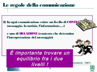 16
2) In ogni comunicazione esiste un livello di CONTENUTO (il
messaggio, la notizia, l’informazione,…)
e uno di RELAZIONE (contesto che determina
l’interpretazione del messaggio)
Le regole della comunicazione
È importante trovare un
equilibrio fra i due
livelli ! (Watzlawick, 1967)
 