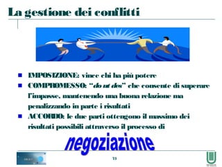 75
La gestione dei conflitti
IMPOSIZIONE: vince chi ha più potere
COMPROMESSO: “do ut des” che consente di superare
l’impasse, mantenendo una buona relazione ma
penalizzando in parte i risultati
ACCORDO: le due parti ottengono il massimo dei
risultati possibili attraverso il processo di
 