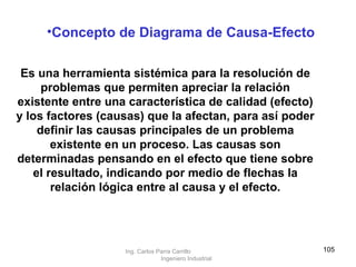 Es una herramienta sistémica para la resolución de problemas que permiten apreciar la relación existente entre una característica de calidad (efecto) y los factores (causas) que la afectan, para así poder definir las causas principales de un problema existente en un proceso. Las causas son determinadas pensando en el efecto que tiene sobre el resultado, indicando por medio de flechas la relación lógica entre al causa y el efecto. Concepto de Diagrama de Causa-Efecto Ing. Carlos Parra Carrillo  Ingeniero Industrial 