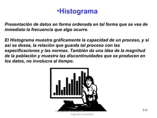 Histograma Presentación de datos en forma ordenada  en tal forma que se vea de inmediato   la frecuencia que algo ocurre. El Histograma muestra gráficamente la capacidad de un proceso, y si así se desea, la relación que guarda tal proceso con las especificaciones y las normas. También da una idea de la magnitud de la población y muestra las discontinuidades que se producen en los datos, no involucra al tiempo. Ing. Carlos Parra Carrillo  Ingeniero Industrial 