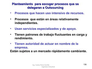 Planteamiento  para escoger procesos que se delegaran a Outsourcing Procesos que hacen uso intensivo de recursos.   Procesos  que están en áreas relativamente independientes. Usan servicios especializados y de apoyo.   Tienen patrones de trabajo fluctuantes en carga y rendimiento.   Tienen autoridad de actuar en nombre de la empresa.   Están sujetos a un mercado rápidamente cambiante.   Ing. Carlos Parra Carrillo  Ingeniero Industrial 
