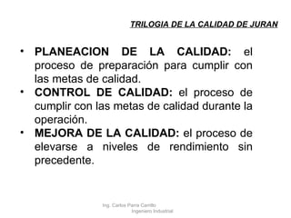 TRILOGIA DE LA CALIDAD DE JURAN PLANEACION DE LA CALIDAD:  el proceso de preparación para cumplir con las metas de calidad. CONTROL DE CALIDAD:  el proceso de cumplir con las metas de calidad durante la operación. MEJORA DE LA CALIDAD:  el proceso de elevarse a niveles de rendimiento sin precedente. Ing. Carlos Parra Carrillo  Ingeniero Industrial 