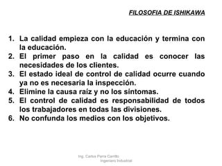 FILOSOFIA DE ISHIKAWA La calidad empieza con la educación y termina con la educación. El primer paso en la calidad es conocer las necesidades de los clientes. El estado ideal de control de calidad ocurre cuando ya no es necesaria la inspección. Elimine la causa raíz y no los síntomas. El control de calidad es responsabilidad de todos los trabajadores en todas las divisiones. No confunda los medios con los objetivos. Ing. Carlos Parra Carrillo  Ingeniero Industrial 