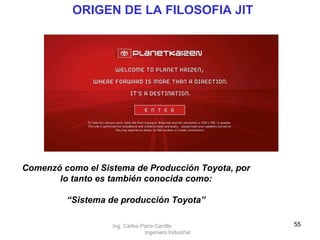 ORIGEN DE LA FILOSOFIA JIT   Comenzó como el Sistema de Producción Toyota, por lo tanto es también conocida como: “ Sistema de producción Toyota” Ing. Carlos Parra Carrillo  Ingeniero Industrial 