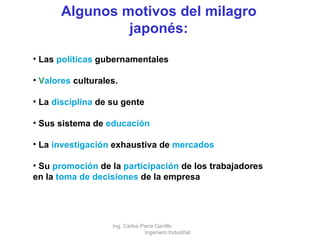 Algunos motivos del milagro japonés: Las  políticas  gubernamentales V alores  culturales. La  disciplina  de su gente  Sus sistema de  educación La  investigación  exhaustiva de  mercados Su  promoción  de la  participación  de los trabajadores en la  toma de decisiones  de la empresa   Ing. Carlos Parra Carrillo  Ingeniero Industrial 