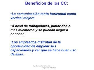 Beneficios de los CC: La comunicación tanto horizontal como vertícal mejora.  A nivel de trabajadores, juntar dos o mas miembros y se puedan llegar a conocer.  Los empleados disfrutan de la oportunidad de emplear sus capacidades y ver que se hace buen uso de ellas. Ing. Carlos Parra Carrillo  Ingeniero Industrial 