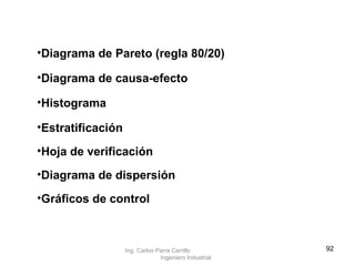 Diagrama de Pareto (regla 80/20) Diagrama de causa-efecto  Histograma  Estratificación  Hoja de verificación Diagrama de dispersión Gráficos de control   Ing. Carlos Parra Carrillo  Ingeniero Industrial 