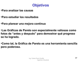 Objetivos Para analizar las causas  Para estudiar los resultados  Para planear una mejora continua  Las Gráficas de Pareto son especialmente valiosas como fotos de “antes y después” para demostrar qué progreso se ha logrado. Como tal, la Gráfica de Pareto es una herramienta sencilla pero poderosa. Ing. Carlos Parra Carrillo  Ingeniero Industrial 