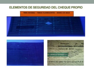 ELEMENTOS DE SEGURIDAD DEL CHEQUE PROPIO
TINTA INVISIBLE – FIBRAS FLUORESCENTES – MARCA DE AGUA
 