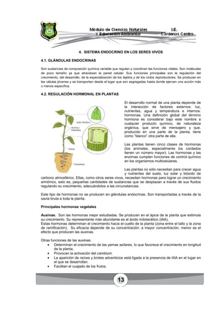 13
4. SISTEMA ENDOCRINO EN LOS SERES VIVOS
4.1. GLÁNDULAS ENDOCRINAS
Son sustancias de composición química variable que regulan y coordinan las funciones vitales. Son moléculas
de poco tamaño ya que atraviesan la pared celular. Sus funciones principales son la regulación del
crecimiento, del desarrollo, de la especialización de los tejidos y de los ciclos reproductores. Se producen en
las células jóvenes y se transportan desde el lugar que son segregadas hasta donde ejercen una acción más
o menos específica.
4.2. REGULACIÓN HORMONAL EN PLANTAS
El desarrollo normal de una planta depende de
la interacción de factores externos: luz,
nutrientes, agua y temperatura e internos:
hormonas. Una definición global del término
hormona es considerar bajo este nombre a
cualquier producto químico, de naturaleza
orgánica, que sirve de mensajero y que,
producido en una parte de la planta, tiene
como “blanco” otra parte de ella.
Las plantas tienen cinco clases de hormonas
(los animales, especialmente los cordados
tienen un número mayor). Las hormonas y las
enzimas cumplen funciones de control químico
en los organismos multicelulares.
Las plantas no sólo necesitan para crecer agua
y nutrientes del suelo, luz solar y bióxido de
carbono atmosférico. Ellas, como otros seres vivos, necesitan hormonas para lograr un crecimiento
armónico, esto es, pequeñas cantidades de sustancias que se desplazan a través de sus fluidos
regulando su crecimiento, adecuándolos a las circunstancias.
Este tipo de hormonas no se producen en glándulas endocrinas. Son transportadas a través de la
savia bruta a toda la planta.
Principales hormonas vegetales
Auxinas. Son las hormonas mejor estudiadas. Se producen en el ápice de la planta que estimula
su crecimiento. Su representante más abundante es el ácido indolacético (IAA).
Estas hormonas determinan el crecimiento hacia el cuello de la planta (zona entre el tallo y la zona
de ramificación). Su eficacia depende de su concentración: a mayor concentración, menor es el
efecto que producen las auxinas.
Otras funciones de las auxinas:
• Determinan el crecimiento de las yemas axilares, lo que favorece el crecimiento en longitud
de la planta.
• Provocan la activación del cambium.
• La aparición de raíces y brotes adventicios está ligada a la presencia de IAA en el lugar en
el que se desarrollan.
• Facilitan el cuajado de los frutos.
 