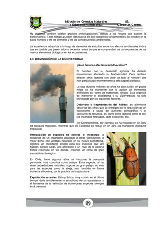 29
No obstante también existen grandes preocupaciones, debido a los riesgos que supone la
biotecnología. Tales riesgos pueden clasificarse en dos categorías fundamentales: los efectos en la
salud humana y de los animales y de las consecuencias ambientales.
La experiencia adquirida a lo largo de decenios de estudios sobre los efectos ambientales indica
que es posible que pasen años o decenios antes de que se comprendan las consecuencias de los
nuevos elementos biológicos en los ecosistemas.
6.3. DISMINUCIÓN DE LA BIODIVERSIDAD
¿Qué factores afectan la biodiversidad?
El hombre, con su desarrollo agrícola, ha dañado
ecosistemas alterando su biodiversidad. Pero también
existen otros factores (sin dejar de lado al hombre) que
han perjudicado enormemente a este capital biológico.
Lo que durante millones de años ha sido pulido, en pocos
miles se ha mantenido por la acción de elementos
artificiales así como de sustancias tóxicas. Esta urgencia
de mantener el ecosistema y su biodiversidad ha sido
provocada por los siguientes factores.
Deterioro y fragmentación del hábitat: es alarmante
observar las cifras que se entregan por la reducción de un
ecosistema a causa del aumento demográfico y el
consumo de recursos, así como otros factores como lo son
los incendios forestales, talas excesivas, etc.
En Centroamérica, por ejemplo, se ha reducido en un 98%
los bosques tropicales, mientras que en Tailandia se redujo en un 32% los manglares (bosques
tropicales).
Introducción de especies no nativas o invasoras: la
presencia de un organismo adaptado a otras condiciones, o
mejor dicho, con ventajas naturales en su nuevo ecosistema,
significa un importante peligro para las especies que ahí
habitan. Desde luego, una alteración a un nivel de la cadena
trófica repercute en los demás, creando un clima de gran
inestabilidad biológica.
En Chile, hace algunos años se introdujo la avéspula
germania, más conocida como avispa. Esta especie, al no
tener depredadores naturales, supone un gran peligro no solo
para las especies como la abeja, sino también en forma
indirecta al hombre, por la práctica de la apicultura.
Explotación excesiva: Esta práctica, muy común en el último
tiempo, daña terriblemente la estabilidad de un ecosistema, y
el fantasma de la extinción de numerosas especies siempre
está presente.
 