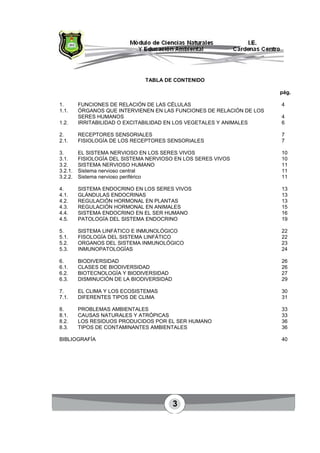 3
TABLA DE CONTENIDO
pág.
1. FUNCIONES DE RELACIÓN DE LAS CÉLULAS 4
1.1. ÓRGANOS QUE INTERVIENEN EN LAS FUNCIONES DE RELACIÓN DE LOS
SERES HUMANOS 4
1.2. IRRITABILIDAD O EXCITABILIDAD EN LOS VEGETALES Y ANIMALES 6
2. RECEPTORES SENSORIALES 7
2.1. FISIOLOGÍA DE LOS RECEPTORES SENSORIALES 7
3. EL SISTEMA NERVIOSO EN LOS SERES VIVOS 10
3.1. FISIOLOGÍA DEL SISTEMA NERVIOSO EN LOS SERES VIVOS 10
3.2. SISTEMA NERVIOSO HUMANO 11
3.2.1. Sistema nervioso central 11
3.2.2. Sistema nervioso periférico 11
4. SISTEMA ENDOCRINO EN LOS SERES VIVOS 13
4.1. GLÁNDULAS ENDOCRINAS 13
4.2. REGULACIÓN HORMONAL EN PLANTAS 13
4.3. REGULACIÓN HORMONAL EN ANIMALES 15
4.4. SISTEMA ENDOCRINO EN EL SER HUMANO 16
4.5. PATOLOGÍA DEL SISTEMA ENDOCRINO 19
5. SISTEMA LINFÁTICO E INMUNOLÓGICO 22
5.1. FISOLOGÍA DEL SISTEMA LINFÁTICO 22
5.2. ORGANOS DEL SISTEMA INMUNOLÓGICO 23
5.3. INMUNOPATOLOGÍAS 24
6. BIODIVERSIDAD 26
6.1. CLASES DE BIODIVERSIDAD 26
6.2. BIOTECNOLOGÍA Y BIODIVERSIDAD 27
6.3. DISMINUCIÓN DE LA BIODIVERSIDAD 29
7. EL CLIMA Y LOS ECOSISTEMAS 30
7.1. DIFERENTES TIPOS DE CLIMA 31
8. PROBLEMAS AMBIENTALES 33
8.1. CAUSAS NATURALES Y ATRÓPICAS 33
8.2. LOS RESIDUOS PRODUCIDOS POR EL SER HUMANO 36
8.3. TIPOS DE CONTAMINANTES AMBIENTALES 36
BIBLIOGRAFÍA 40
 