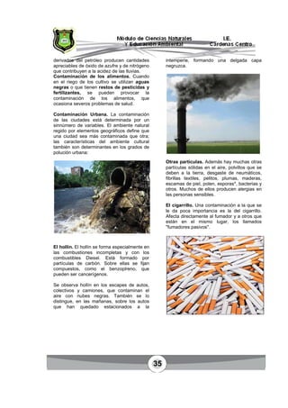 35
derivados del petróleo producen cantidades
apreciables de óxido de azufre y de nitrógeno
que contribuyen a la acidez de las lluvias.
Contaminación de los alimentos. Cuando
en el riego de los cultivo se utilizan aguas
negras o que tienen restos de pesticidas y
fertilizantes, se pueden provocar la
contaminación de los alimentos, que
ocasiona severos problemas de salud.
Contaminación Urbana. La contaminación
de las ciudades está determinada por un
sinnúmero de variables. El ambiente natural
regido por elementos geográficos define que
una ciudad sea más contaminada que otra;
las características del ambiente cultural
también son determinantes en los grados de
polución urbana:
El hollín. El hollín se forma especialmente en
las combustiones incompletas y con los
combustibles Diesel. Está formado por
partículas de carbón. Sobre ellas se fijan
compuestos, como el benzoplreno, que
pueden ser cancerígenos.
Se observa hollín en los escapes de autos,
colectivos y camiones, que contaminan el
aire con nubes negras. También se lo
distingue, en las mañanas, sobre los autos
que han quedado estacionados a la
intemperie, formando una delgada capa
negruzca.
Otras partículas. Además hay muchas otras
partículas sólidas en el aire, polvillos que se
deben a la tierra, desgaste de neumáticos,
fibrillas textiles, pelitos, plumas, maderas,
escamas de piel, polen, esporas*, bacterias y
otros. Muchos de ellos producen alergias en
las personas sensibles.
El cigarrillo. Una contaminación a la que se
le da poca importancia es la del cigarrillo.
Afecta directamente al fumador y a otros que
están en el mismo lugar, los llamados
"fumadores pasivos".
 