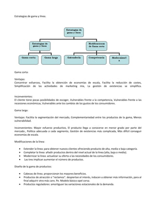 Estrategias de gama y línea.




Gama corta:

Ventajas:
Concentrar esfuerzos, Facilita la obtención de economías de escala, Facilita la reducción de costes,
Simplificación de las actividades de marketing mix, La gestión de existencias se simplifica.


Inconvenientes:
El cliente tiene pocas posibilidades de escoger, Vulnerables frente a la competencia, Vulnerables frente a las
recesiones económicas, Vulnerables ante los cambios de los gustos de los consumidores.

Gama larga:

Ventajas: Facilita la segmentación del mercado, Complementariedad entre los productos de la gama, Menos
vulnerabilidad.

Inconvenientes: Mayor esfuerzo productivo, El producto llega a conocerse en menor grado por parte del
mercado., Política adecuada a cada segmento, Gestión de existencias más complicada, Más difícil conseguir
economías de escala.

Modificaciones de la línea:

    •   Extender la línea: para obtener nuevos clientes ofreciendo producto de alta, media o baja categoría.
    •   Completar la línea: añadir productos dentro del nivel actual de la línea (alta, baja o media).
    •   Modernizar la línea: actualizar su oferta a las necesidades de los consumidores.
    •   Las tres implican aumentar el número de productos.

Diseño de la gama de productos:

    •   Cabezas de línea. proporcionan los mayores beneficios.
    •   Productos de atracción o "reclamos". despiertan el interés, inducen a obtener más información, para al
        final adquirir otro más caro. Pe. Modelo básico opel corsa.
    •   Productos reguladores: amortiguan las variaciones estacionales de la demanda.
 