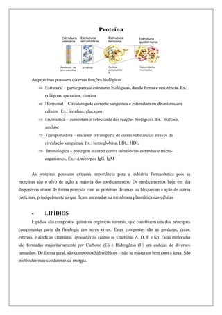As proteínas possuem diversas funções biológicas:
 Estrutural – participam de estruturas biológicas, dando forma e resistência. Ex.:
colágeno, queratina, elastina
 Hormonal – Circulam pela corrente sanguínea e estimulam ou desestimulam
células. Ex.: insulina, glucagon
 Enzimática – aumentam a velocidade das reações biológicas. Ex.: maltase,
amilase
 Transportadora – realizam o transporte de outras substâncias através da
circulação sanguínea. Ex.: hemoglobina, LDL, HDL
 Imunológica – protegem o corpo contra substâncias estranhas e micro-
organismos. Ex.: Anticorpos IgG, IgM
As proteínas possuem extrema importância para a indústria farmacêutica pois as
proteínas são o alvo de ação a maioria dos medicamentos. Os medicamentos hoje em dia
disponíveis atuam de forma parecida com as proteínas diversas ou bloqueiam a ação de outras
proteínas, principalmente as que ficam ancoradas na membrana plasmática das células.
 LIPÍDIOS
Lipídios são compostos químicos orgânicos naturais, que constituem uns dos principais
componentes parte da fisiologia dos seres vivos. Estes compostos são as gorduras, ceras,
esteróis, e ainda as vitaminas lipossolúveis (como as vitaminas A, D, E e K). Estas moléculas
são formadas majoritariamente por Carbono (C) e Hidrogênio (H) em cadeias de diversos
tamanhos. De forma geral, são compostos hidrofóbicos – não se misturam bem com a água. São
moléculas mau condutoras de energia.
 