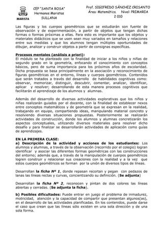 CEP “SANTA ROSA”
Hermanos Maristas
SULLANA
Prof. SIGIFREDO SÁNCHEZ CRISANTO
Área: Matemática. Nivel: PRIMARIA
2 010
Las figuras y los cuerpos geométricos que se estudiarán son fuente de
observación y de experimentación, a partir de objetos que tengan dichas
formas o formas próximas a ellas. Para esto es importante que los objetos y
materiales didácticos que se usen sean muy variados en tamaños y relaciones
entre sus medidas y que los alumnos tengan múltiples oportunidades de
dibujar, analizar y construir objetos a partir de consignas específicas.
Procesos mentales (análisis a priori):
El módulo se ha planteado con la finalidad de iniciar a los niños y niñas de
segundo grado en la geometría, enfocando el conocimiento con conceptos
básicos, pero de suma importancia para los próximos años de escolaridad.
Dicha propuesta se basa principalmente en la asociación y reconocimiento de
figuras geométricas en el entorno, líneas y cuerpos geométricos. Contenidos
que serán tratados a través del desarrollo de habilidades cognitivas como:
observar, memorizar, distinguir, descubrir, comentar, analizar, identificar,
aplicar y resolver; desarrollando de esta manera procesos cognitivos que
facilitarán el aprendizaje de los alumnos y alumnas.
Además del desarrollo de diversas actividades explorativas que los niños y
niñas realizarán guiados por el docente, con la finalidad de establecer nexos
entre conceptos matemáticos y de geometría que se expresan en la realidad,
trabajando en equipo, compartiendo ideas, manipulando material concreto y
resolviendo diversas situaciones propuestas. Posteriormente se realizarán
actividades de construcción, donde los alumnos y alumnas concretizarán los
aspectos conceptuales, utilizando diversos materiales para resolver dicho
desafío y para finalizar se desarrollarán actividades de aplicación como guías
de aprendizajes.
EN LA PRIMERA CLASE:
a) Descripción de la actividad y acciones de los estudiantes: Los
alumnos y alumnas, a través de la observación (recorrido por el colegio) logran
identificar y asociar las diferentes formas geométricas con las construcciones
del entorno; además que, a través de la manipulación de cuerpos geométricos
logren construir y relacionar sus creaciones con la realidad y a la vez que
estos cuerpos geométricos se forman por la unión de diversos tipos de líneas.
Desarrollan la ficha Nº 1, donde repasan recortan y pegan con pedazos de
lanas las líneas rectas y curvas, concientizando su definición. (Se adjunta)
Desarrollan la ficha Nº 2, reconocen y pintan de dos colores las líneas
abiertas y cerradas. (Se adjunta la ficha).
b) Posibles dificultades: Puede entrar en juego el problema de inmadurez,
motricidad, atención y la capacidad de compartir que presentan algunos(as),
en el desarrollo de las actividades planificadas. En los contenidos, puede darse
el caso que crean que las líneas sólo existen en una sola dirección y de una
sola forma.
 