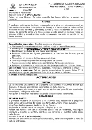 CEP “SANTA ROSA”
Hermanos Maristas
SULLANA
Prof. SIGIFREDO SÁNCHEZ CRISANTO
Área: Matemática. Nivel: PRIMARIA
2 010
levantarlo ni retroceder.
Reciben ficha Nº 2. (Ver adjunto)
Pintan en una lámina: De color amarillo las líneas abiertas y verdes las
cerradas.
CIERRE
El profesor sistematiza la clase, reforzando en la pizarra y de manera oral los
contenidos vistos en la clase (Tipos de líneas) y a la vez que los niños y niñas
muestren líneas abiertas y cerradas; curvas y rectas existentes en la sala de
clases. Se comenta como una línea cerrada puede seguirse muchas veces sin
levantar el lápiz y sin retroceder y a la vez recordar que esto no sucede con las
líneas abiertas.
Aprendizajes esperados: Que los alumnos y alumnas:
• Manipulen formas geométricas y realicen construcciones libremente.
• Identifiquen diferentes tipos de líneas en figuras geométricas.
• Identifiquen los lados de una figura geométrica.
• Realicen dobleces en figuras geométricas y nombren las formas que se
obtienen.
• Memoricen el nombre de figuras geométricas.
• Construyan figuras geométricas en papeles de colores.
• Representen objetos del entorno combinando formas geométricas.
• Apliquen lo aprendido a través de un dibujo respetando los criterios dados.
Contenidos: Figuras geométricas, cuadrado, rectángulo, triángulo y círculo.
Materiales y recursos: Set de formas geométricas de goma, ficha Nº 3,
papeles lustre, tijeras, pegamento, ficha Nº 4 y cuaderno del área.
Tiempo: 4 Horas pedagógicas
ACTIVIDADES
INICIO
Se les muestra una lámina en la pizarra. Los alumnos y alumnas tienen que
descubrir 7 figuras geométricas escondidas en dicha lámina.
Se les entrega -de manera grupal- un set de formas geométricas cuadrados,
rectángulos, triángulos y círculos.
Manipulan el material realizando diversas construcciones libremente.
DESARROLLO
PRIMERA PARTE:
El profesor muestra un cuadrado y los alumnos (as) responden a preguntas
tales como: ¿De qué tipo de líneas está formado?, ¿Tiene líneas curvas?.
Identifican las líneas como los lados de las figuras.
Repiten la actividad con el rectángulo, triángulo y círculo.
Marcan las figuras con varias plantillas dadas: De un cuadrado, rectángulo,
triángulo y círculo; las pintan, escriben sus nombres y cuantos lados posee
cada figura.
Reciben ficha Nº 3. (Ver adjunto)
Memorizan el nombre de las figuras estudiadas, para ello completan la ficha de
trabajo entregada.
SEGUNDA Y TERCERA CLASE
 