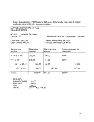 Orden de producción Nº014 Elaborar 120 sacos de lana color negro talla 1 modelo
   cuello alto inicia 31-09-XX, semana completa

EMPRESA INDUSTRIAL MATECZ
HOJA DE COSTOS

Nº: 012       Artículo: Escritorios
Cantidad: 30                                 Referencias: lana color negra cuello alto talla
1
Costo total: 3520,00                       Fecha de iniciación: 31-10-04
Costo unitario: 111,33                    Fecha de terminación: 26-11-04


Semana que              Materiales        Mano de obra         Costos generales de
termina                 directos          directa              fabricación

31-10 al 6- 11          200,00            150,00               70,00

7-11 al 13-11           215,00            154,00               90,00

     14-11 al 20-11              300,00   180,00                               110,00

      20-11 al 2-11              390,00            170,00                      125,00

TOTAL                         1165,00     654,00               395,00


   RESUMEN:
   MANO DE OBRA         1165,00
   MAT.DIREC.            654,00
   CGF.                  395,00
   TOTAL                2214 ÷ 120 = 18,45




                                                                                     19
 