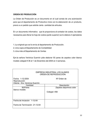 ORDEN DE PRODUCCIÓN

La Orden de Producción es un documento en el cual consta de una autorización
para que el departamento de Productivo inicie con la elaboración de un producto,
previo a un pedido que solicite cierta cantidad de artículos.


En un documento informativo que le proporciona al contador de costos, los datos
necesarios para llenar la hoja de costos.(parte superior) se lo elabora 3 ejemplares
.


1.-La original que se lo envía al departamento de Producción.
2.-Una copia al Departamento de Contabilidad
3.-Una más al Departamento de Ventas


Ejm.la señora Verónica Guerrón pide elaborar 50 pares de zapatos color blanco
modelo colegial # 36 el 1 de Diciembre del 2004 en 3 semanas.




                            EMPRESA INDUSTRIAL LOS ALAMOS
                               ORDEN DE REPRODUCCIÓN

Fecha: 1-12-2004                                     Nº Orden de
Reproducción
Cliente : Sra. Verónica Guerrón
                Cantidad                                Descripción
           90/Pares                                 Zapatos deportivos color
blanco modelo
                                         Colegial #36



Fecha de Iniciación 1-12-04

Fecha de Terminación 21-12-04




                                                                                 20
 