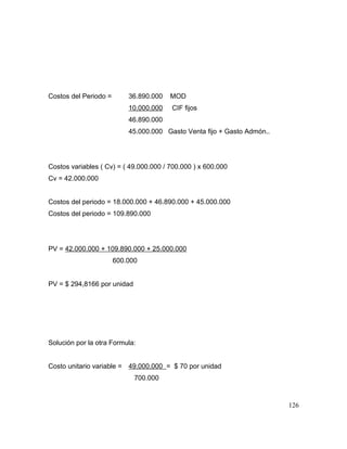 Costos del Periodo = 36.890.000 MOD
10.000.000 CIF fijos
46.890.000
45.000.000 Gasto Venta fijo + Gasto Admón..
Costos variables ( Cv) = ( 49.000.000 / 700.000 ) x 600.000
Cv = 42.000.000
Costos del periodo = 18.000.000 + 46.890.000 + 45.000.000
Costos del periodo = 109.890.000
PV = 42.000.000 + 109.890.000 + 25.000.000
600.000
PV = $ 294,8166 por unidad
Solución por la otra Formula:
Costo unitario variable = 49.000.000 = $ 70 por unidad
700.000
126
 