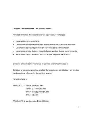 CAUSAS QUE ORIGINAN LAS VARIACIONES
Para determinar se deben considerar las siguientes posibilidades:
• La variación no es importante
• La variación se origina por errores de proceso de elaboración de informes
• La variación se originó por decisión especifica de la administración
• La variación origina factores no controlables (perdida debida o una tormenta)
• Variaciones cuyas causas no se conocen que requieren explicación.
Ejercicio: tomando como referencia el ejercicio anterior del metodo 5:
Construir la ejecución principal, analizar la variación en cantidades y en precios,
con la siguiente información del ejercicio anterior:
DATOS REALES:
PRODUCTO T: Ventas (unid) 51.300.
Ventas ($) $384.750.000
P /u = 384.750.000 / 51.300
P /u = $ 7.500
PRODUCTO U: Ventas netas $ 500.000.000.
135
 