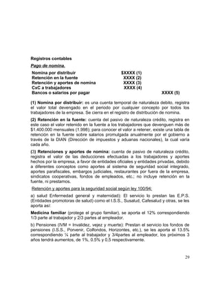 Registros contables
Pago de nomina.
Nomina por distribuir $XXXX (1)
Retención en la fuente XXXX (2)
Retención y aportes de nomina XXXX (3)
CxC a trabajadores XXXX (4)
Bancos o salarios por pagar XXXX (5)
(1) Nomina por distribuir: es una cuenta temporal de naturaleza debito, registra
el valor total devengado en el periodo por cualquier concepto por todos los
trabajadores de la empresa. Se cierra en el registro de distribución de nomina.
(2) Retención en la fuente: cuenta del pasivo de naturaleza crédito, registra en
este caso el valor retenido en la fuente a los trabajadores que devenguen más de
$1.400.000 mensuales (1.998); para conocer el valor a retener, existe una tabla de
retención en la fuente sobre salarios promulgada anualmente por el gobierno a
través de la DIAN (Dirección de impuestos y aduanas nacionales), la cual varía
cada año.
(3) Retenciones y aportes de nomina: cuenta de pasivo de naturaleza crédito,
registra el valor de las deducciones efectuadas a los trabajadores y aportes
hechos por la empresa, a favor de entidades oficiales y entidades privadas, debido
a diferentes conceptos como aportes al sistema de seguridad social integrado,
aportes parafiscales, embargos judiciales, restaurantes por fuera de la empresa,
sindicatos cooperativas, fondos de empleados, etc.; no incluye retención en la
fuente, ni prestamos.
Retención y aportes para la seguridad social según ley 100/94:
a) salud Enfermedad general y maternidad): El servicio lo prestan las E.P.S.
(Entidades promotoras de salud) como el I.S.S., Susalud, Cafesalud y otras, se les
aporta así:
Medicina familiar (protege el grupo familiar), se aporta el 12% correspondiendo
1/3 parte al trabajador y 2/3 partes al empleador.
b) Pensiones (IVM = Invalidez, vejez y muerte): Prestan el servicio los fondos de
pensiones (I.S.S., Porvenir, Colfondos, Horizontes, etc.), se les aporta el 13.5%
correspondiendo ¼ parte al trabajador y 3/4partes al empleador, los próximos 3
años tendrá aumentos, de 1%, 0.5% y 0,5 respectivamente.
29
 