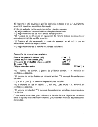 (8) Registra el total devengado por los operarios dedicado a las O.P. (ver planilla
resumen), incentivos y auxilio de transporte.
(9) Registra el valor del tiempo indirecto (ver plantilla resumen.
(10) Registra el valor del tiempo ocioso (ver plantilla resumen.
(11) Registra el valor de las horas extras de los operarios.
(12) Registra de la diferencia en liquidación de nomina (básico devengado por
operarios menos total plantilla resumen.
(13) Registra el total devengado por cualquier concepto en el periodo por los
trabajadores indirectos de producción.
(14) Registra el valor de la nomina del periodo a distribuir.
Causación de prestaciones sociales.
Gastos del personal admón. (PS) $XXX (15)
Gastos de personal ventas. (PS) XXX (16)
Inventario de productos en proceso (PS) XXX (17)
Cif reales (PS) XXX(18)
Obligaciones laborales $XXXX (19)
(15) Nomina de admón. ( gastos de personal admón.) * % mensual de
prestaciones sociales.
(16) Nomina de ventas (gastos de personal ventas) * % mensual de prestaciones
sociales.
(17) P. en P. (MOD) * % mensual de prestaciones sociales.
(18) Sumatoria de los cif reales (TI, TO, HE, DLN, MOI) * % mensual de
prestaciones sociales.
(19) Nomina por distribuir * % mensual de prestaciones sociales o la sumatoria de
los débitos.
Como puede observarse, para calcular los valores de este registro es necesario
tener el registro de distribución de nomina y el porcentaje mensual de prestaciones
mensuales.
31
 
