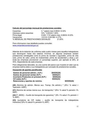 Calculo del porcentaje mensual de prestaciones sociales:
Cesantías ½ * salario mes 0.0833= 8.33%
Intereses sobre cesantías 12% * 0.83333 1.00%
Prima legal 0.5/6= 1/12 salario mes- 0.0833= 8.33%
Vacaciones 0.5/12= 0.04166= 4.17%
% MENSUAL DE PRESTACIONES SOCIALES 21.83%
Para informacion mas detallada puedes consultar;
www.minproteccionsocial.gov.co
Además de la dotación de uniforme cada cuatro meses para aquellos trabajadores
que devenguen hasta dos salarios mínimos, en algunas empresas existen
prestaciones extralegales como la prima de navidad o aguinaldo, prima de vida
cara, prima de calor, prima de insalubridad, prima de escolaridad y otras y por
ende las empresas provisionan un porcentaje superior, por ejemplo el 38%, el
45%. Dependiendo de cada empresa.
Para obligaciones laborales, es una cuenta del pasivo que muestra el valor que la
empresa estima debe a sus trabajadores por concepto de prestaciones sociales.
Causación de aportes parafiscales
Gastos de personal admón. ( A.P.) $XXXX(20)
Gastos de personal ventas (A.P.) XXXX(21)
Inventario Productos en proceso (A.P.) XXXX(22)
Cif reales (A.P.) XXXX(23)
Retenciones y aportes de nomina. $XXXX(24)
(20) (Nomina de admón. Menos aux. Transp. De admón.) * (9%+ % salud +
%pensión +ARP).
(21) (Nomina de ventas menos aux. de transporte) * (9%+ % salud % pensión +%
ARP)
(22) P. (MOD) – Auxilio de transporte de operarios) * (9% +% salud +% pensión +
% ARP).
(23) (sumatoria de CIF reales – auxilio de transporte de trabajadores
indirectos)*(9%+% salud+% pensión+% ARP)
32
 