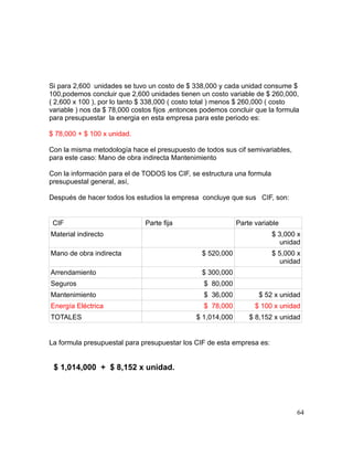 Si para 2,600 unidades se tuvo un costo de $ 338,000 y cada unidad consume $
100,podemos concluir que 2,600 unidades tienen un costo variable de $ 260,000,
( 2,600 x 100 ), por lo tanto $ 338,000 ( costo total ) menos $ 260,000 ( costo
variable ) nos da $ 78,000 costos fijos ,entonces podemos concluir que la formula
para presupuestar la energia en esta empresa para este periodo es:
$ 78,000 + $ 100 x unidad.
Con la misma metodología hace el presupuesto de todos sus cif semivariables,
para este caso: Mano de obra indirecta Mantenimiento
Con la información para el de TODOS los CIF, se estructura una formula
presupuestal general, así,
Después de hacer todos los estudios la empresa concluye que sus CIF, son:
CIF Parte fija Parte variable
Material indirecto $ 3,000 x
unidad
Mano de obra indirecta $ 520,000 $ 5,000 x
unidad
Arrendamiento $ 300,000
Seguros $ 80,000
Mantenimiento $ 36,000 $ 52 x unidad
Energía Eléctrica $ 78,000 $ 100 x unidad
TOTALES $ 1,014,000 $ 8,152 x unidad
La formula presupuestal para presupuestar los CIF de esta empresa es:
$ 1,014,000 + $ 8,152 x unidad.
64
 
