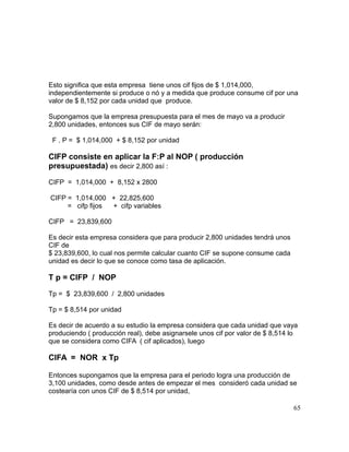 Esto significa que esta empresa tiene unos cif fijos de $ 1,014,000,
independientemente si produce o nó y a medida que produce consume cif por una
valor de $ 8,152 por cada unidad que produce.
Supongamos que la empresa presupuesta para el mes de mayo va a producir
2,800 unidades, entonces sus CIF de mayo serán:
F . P = $ 1,014,000 + $ 8,152 por unidad
CIFP consiste en aplicar la F:P al NOP ( producción
presupuestada) es decir 2,800 así :
CIFP = 1,014,000 + 8,152 x 2800
CIFP = 1,014,000 + 22,825,600
= cifp fijos + cifp variables
CIFP = 23,839,600
Es decir esta empresa considera que para producir 2,800 unidades tendrá unos
CIF de
$ 23,839,600, lo cual nos permite calcular cuanto CIF se supone consume cada
unidad es decir lo que se conoce como tasa de aplicación.
T p = CIFP / NOP
Tp = $ 23,839,600 / 2,800 unidades
Tp = $ 8,514 por unidad
Es decir de acuerdo a su estudio la empresa considera que cada unidad que vaya
produciendo ( producción real), debe asignarsele unos cif por valor de $ 8,514 lo
que se considera como CIFA ( cif aplicados), luego
CIFA = NOR x Tp
Entonces supongamos que la empresa para el periodo logra una producción de
3,100 unidades, como desde antes de empezar el mes consideró cada unidad se
costearía con unos CIF de $ 8,514 por unidad,
65
 