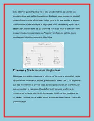 Cabe observar que la lingüística no es solo un saber teórico, es además una

ciencia empírica que realiza observaciones detalladas sobre lenguas, en especial

para confirmar o refutar afirmaciones de tipo general. En este sentido, el lingüista

como científico, habrá de aceptar el lenguaje tal como se observa y a partir de su

observación, explicar cómo es. Su función no es ni la de evitar el "deterioro" de la

lengua ni mucho menos procurar una "mejoría‖. En efecto, no es trata de una

ciencia prescriptiva sino meramente descriptiva




Procesos y Combinaciones Lingüísticas.

El lenguaje, instrumento máximo de la información social de la humanidad, propia

del proceso de socialización, resume, parafraseando a Ortiz (1997), las exigencias

que hizo el hombre en el proceso socio genético para aunarse, en su entorno, con

sus semejantes y la naturaleza. De esta forma al tratarse de una forma de

comunicación en la que intervienen signos orales y gráficos, ésta no deja de ser

un proceso continuo, ya que en ella se dan actividades interactivas de codificación

y decodificación
 