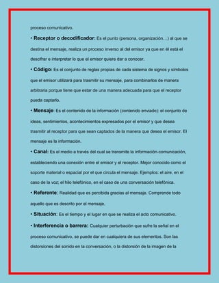 proceso comunicativo.

• Receptor o decodificador: Es el punto (persona, organización…) al que se

destina el mensaje, realiza un proceso inverso al del emisor ya que en él está el

descifrar e interpretar lo que el emisor quiere dar a conocer.

• Código: Es el conjunto de reglas propias de cada sistema de signos y símbolos

que el emisor utilizará para trasmitir su mensaje, para combinarlos de manera

arbitraria porque tiene que estar de una manera adecuada para que el receptor

pueda captarlo.

• Mensaje: Es el contenido de la información (contenido enviado): el conjunto de

ideas, sentimientos, acontecimientos expresados por el emisor y que desea

trasmitir al receptor para que sean captados de la manera que desea el emisor. El

mensaje es la información.

• Canal: Es el medio a través del cual se transmite la información-comunicación,

estableciendo una conexión entre el emisor y el receptor. Mejor conocido como el

soporte material o espacial por el que circula el mensaje. Ejemplos: el aire, en el

caso de la voz; el hilo telefónico, en el caso de una conversación telefónica.

• Referente: Realidad que es percibida gracias al mensaje. Comprende todo

aquello que es descrito por el mensaje.

• Situación: Es el tiempo y el lugar en que se realiza el acto comunicativo.

• Interferencia o barrera: Cualquier perturbación que sufre la señal en el

proceso comunicativo, se puede dar en cualquiera de sus elementos. Son las

distorsiones del sonido en la conversación, o la distorsión de la imagen de la
 