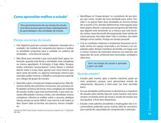 Como aproveitar melhor o estudo2                                                                  :: Identifique os “chupa-tempo”, os comedores de seu tem-
                                                                                                     po, tais como: mudar de uma atividade para outra (“en-
                                                                                                     rolar”), ou querer fazer duas atividades ao mesmo tempo
          Para aproveitamento do seu tempo de estudo,                                                (ler e assistir a TV), atender telefonemas, interrupções para
         você deve se preocupar em fazer o planejamento                                              bate-papos, desviar a atenção para programa de televisão
         da aprendizagem, das atividades de estudo.                                                  que alguém está assistindo ou a música que está tocan-
                                                                                                     do, visitas, mesa de estudo desorganizada, fazer tarefas de
                                                                                                     outras pessoas, não saber dizer “não” a convites, não saber
Planeje seu tempo de estudo                                                                          delegar certas tarefas. Proteja seu tempo pessoal!
                                                                                                  :: Crie as condições materiais e ambientais favoráveis ao es-
:: Fixe objetivos precisos e prazos realizáveis. Exemplo: ler a                                      tudo: tenha um espaço reservado e um horário a ser res-
   unidade I do módulo de competências básicas e realizar                                            peitado pelos demais membros da família, um lugar com
   as atividades propostas para a unidade no caderno de                                              o menor número de estímulos externos (os internos vão
   atividades – uma hora de estudo.                                                                  depender de você), ambiente bem iluminado, ventilado e
:: Não deixe para amanhã o que você pode fazer agora. So-                                            silencioso.
   bretudo, quando está frente a atividades mais complexas
   ou menos agradáveis. A tentação é fugir delas. Busque,                                                    Gerir seu tempo de estudo é aprender
   então, estímulos “provocadores” como, deixar o módulo                                                    a gerir sua vida!
   aberto sobre a mesa, fazer aposta com você mesmo que
   dará conta da tarefa, ou alguma motivação externa (por                                         Quando estudar?
   exemplo, poder mostrar o trabalho a uma pessoa especial,
   aos colegas de grupo de estudo).                                                               :: Estudar pela manhã, após o banho matutino, pode ser
                                                                                                     mais produtivo, porque você apresentará estado de
:: Aprenda a gerir o tempo por etapas progressivas. Não de-                                          relaxamento, descanso e bem-estar (se tiver dormido
   sanime diante dos primeiros insucessos, das primeiras di-                                         bem).
   ficuldades na leitura de temas mais complexos do módulo




                                                                                                                                                                     Formação pela Escola
   de estudo. Avalie o que está acontecendo, o que está cau-                                      :: Se suas atividades profissionais ou domésticas o impedem
   sando dificuldade. Comece, então, com atividades menos                                            de estudar pela manhã, faça em outro horário, mas tome
   complexas, informe-se melhor sobre o assunto, dedique                                             sempre um banho antes de iniciar a sessão de estudo. Isso
   menos tempo ao tema “difícil”, mas retorne a ele todos os                                         o(a) ajudará a ficar bem disposto(a).
   dias. Quem sabe se tornará, aos poucos, menos comple-                                          :: Estudar noite adentro (invadindo a madrugada) não é re-
   xo.                                                                                               comendável, podendo causar insônia, falta de concentra-
2
  Retirado de: PRETI, Oreste. Estudar a distância: uma aventura acadêmica. Vol. 1. Cuiabá: EdU-      ção e perda de capacidade de compreensão e retenção.
FMT, 2005.
                                                                                                                                                                     15
 