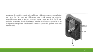 A escora de madeira mostrada na Figura está suspensa por uma haste
de aço de 10 mm de diâmetro que está presa na parede.
Considerando que a escora suporta uma carga vertical de 5 kN,
calcule a tensão de cisalhamento média na haste na parede e ao
longo dos dois planos sombreados da escora, um dos quais é indicado
como abcd.
11
 
