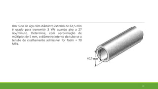 Um tubo de aço com diâmetro externo de 62,5 mm
é usado para transmitir 3 kW quando gira a 27
rev/minuto. Determine, com aproximação de
múltiplos de 5 mm, o diâmetro interno do tubo se a
tensão de cisalhamento admissível for Tadm = 70
MPa.
77
 