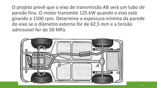 O projeto prevê que o eixo de transmissão AB será um tubo de
parede fina. O motor transmite 125 kW quando o eixo está
girando a 1500 rpm. Determine a espessura mínima da parede
do eixo se o diâmetro externo for de 62,5 mm e a tensão
admissível for de 50 MPa.
78
 