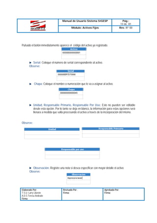 Manual de Usuario Sistema SIGESP
Módulo: Activos Fijos

Pág.:
13 de 81
Rev. Nº 00

Pulsado el botón inmediatamente aparece el código del activo ya registrado.

Serial: Coloque el número de serial correspondiente al activo.
Observe:

Chapa: Coloque el nombre o numeración que le va a asignar al activo.

Unidad, Responsable Primario, Responsable Por Uso: Esto no pueden ser editable
desde esta opción. Por lo tanto se deja en blanco, la información para estas opciones será
llenara a medida que valla procesando el activo a través de la incorporación del mismo.
Observe:

Observación: Registre una nota si desea especificar con mayor detalle el activo
Observe:

Elaborado Por:
T.S.U. Larry Liberón
A.D.S Teresa Andrade
Firma

Revisado Por :
Firma:

Aprobado Por:
Firma:

 