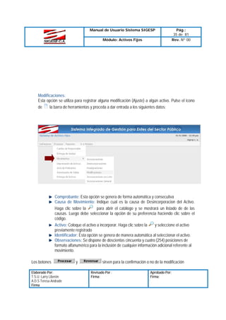 Manual de Usuario Sistema SIGESP
Módulo: Activos Fijos

Pág.:
35 de 81
Rev. Nº 00

Modificaciones:
Esta opción se utiliza para registrar alguna modificación (Ajuste) a algún activo. Pulse el icono
de
la barra de herramientas y proceda a dar entrada a los siguientes datos:

Comprobante: Esta opción se genera de forma automática y consecutiva
Causa de Movimiento: Indique cual es la causa de Desincorporacion del Activo.
para abrir el catálogo y se mostrará un listado de de las
Haga clic sobre la
causas. Luego debe seleccionar la opción de su preferencia haciendo clic sobre el
código.
Activo: Coloque el activo a incorporar. Haga clic sobre la
y seleccione el activo
previamente registrado
Identificador: Esta opción se genera de manera automática al seleccionar el activo.
Observaciones: Se dispone de doscientas cincuenta y cuatro (254) posiciones de
formato alfanumérico para la inclusión de cualquier información adicional referente al
movimiento.
Los botones
Elaborado Por:
T.S.U. Larry Liberón
A.D.S Teresa Andrade
Firma

y

sirven para la confirmación o no de la modificación
Revisado Por :
Firma:

Aprobado Por:
Firma:

 