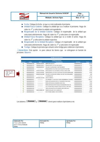 Manual de Usuario Sistema SIGESP
Módulo: Activos Fijos

Pág.:
42 de 81
Rev. Nº 00

Fecha: Coloque la fecha en que se está realizando el préstamo.
Unidad Física Cedente: Coloque la unidad que va a realizar el préstamo. Haga clic
y seleccione la unidad correspondiente.
sobre la
Responsable de la Unidad Cedente: Coloque el responsable de la unidad que
y seleccione el responsable
seleccionó anteriormente. Haga clic sobre la
Unidad Física Receptora: Coloque la unidad que va a recibir el activo. Haga clic
y seleccione la unidad respectiva.
sobre la
Responsable de la Unidad Receptora: Coloque el responsable de la unidad que
y seleccione el responsable
seleccionó anteriormente. Haga clic sobre la
Testigo: Coloque la persona que actuará como testigo para evidenciar el préstamo.
Esta opción es para colocar los bienes que se entregaran en función de
préstamo. Observe

Haga clic sobre
cada activo a
agregar

.
Los botones

Elaborado Por:
T.S.U. Larry Liberón
A.D.S Teresa Andrade
Firma

y

sirven para realizar el préstamo o no.

Revisado Por :
Firma:

Aprobado Por:
Firma:

 