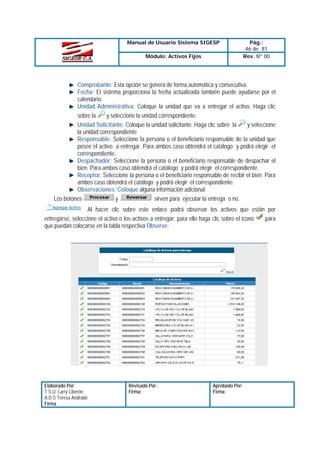 Manual de Usuario Sistema SIGESP
Módulo: Activos Fijos

Pág.:
46 de 81
Rev. Nº 00

Comprobante: Esta opción se genera de forma automática y consecutiva.
Fecha: El sistema proporciona la fecha actualizada también puede ayudarse por el
calendario.
Unidad Administrativa: Coloque la unidad que va a entregar el activo. Haga clic
y seleccione la unidad correspondiente.
sobre la
Unidad Solicitante: Coloque la unidad solicitante. Haga clic sobre la
y seleccione
la unidad correspondiente
Responsable: Seleccione la persona o el beneficiario responsable de la unidad que
posee el activo a entregar. Para ambos caso obtendrá el catálogo y podrá elegir el
correspondiente.
Despachador: Seleccione la persona o el beneficiario responsable de despachar el
bien. Para ambos caso obtendrá el catálogo y podrá elegir el correspondiente.
Receptor: Seleccione la persona o el beneficiario responsable de recibir el bien. Para
ambos caso obtendrá el catálogo y podrá elegir el correspondiente.
Observaciones: Coloque alguna información adicional.
y
sirven para ejecutar la entrega o no.
Los botones
Al hacer clic sobre este enlace podrá observar los activos que están por
para
entregarse, seleccione el activo o los activos a entregar, para ello haga clic sobre el icono
que puedan colocarse en la tabla respectiva Observe:

Elaborado Por:
T.S.U. Larry Liberón
A.D.S Teresa Andrade
Firma

Revisado Por :
Firma:

Aprobado Por:
Firma:

 
